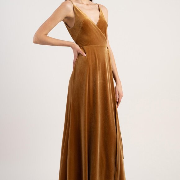 Jenny Yoo Stretch Velvet Floor Length Wrap Dress. Marigold Size 8. - Picture 1 of 5